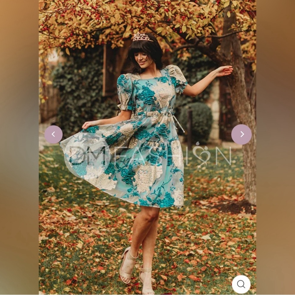 ELLIS JACQUARD TEAL/GOLD VELVET DRESS - DM EXCLUSIVE - MATERNITY FRIENDLY